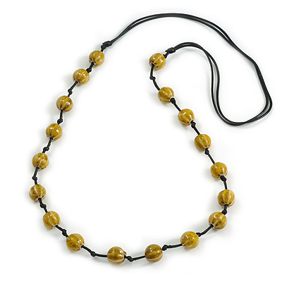 Dusty Yellow Ceramic Bead Black Cotton Cord Long Necklace/86cm L/ Adjustable/Slight Variation In Colour/Natural Irregularities