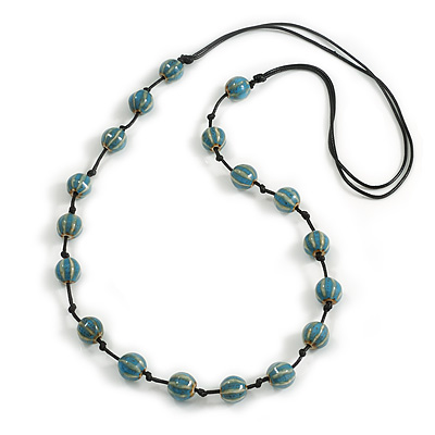 Light Blue Ceramic Bead Black Cotton Cord Long Necklace/86cm L/ Adjustable/Slight Variation In Colour/Natural Irregularities