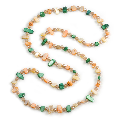 Melon Orange/Light Yellow/Green Shell Nugget and Citrine Glass Bead Long Necklace - 115cm Long