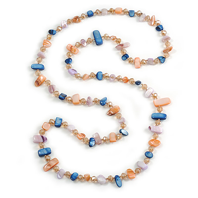 Salmon/Blue/Lavender/Citrine Shell Nugget and Glass Bead Long Necklace - 115cm Long