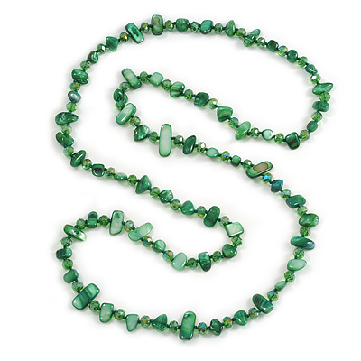 Green Shell Nugget and Glass Bead Long Necklace - 115cm Long