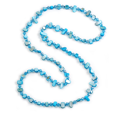 Azure Blue Shell Nugget and Sky Blue Glass Bead Long Necklace/115cm Long