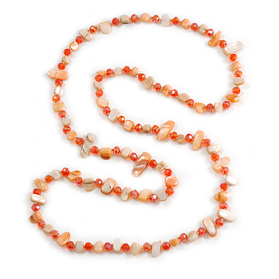 Salmon Shell Nugget and Orange Glass Bead Long Necklace - 115cm Long