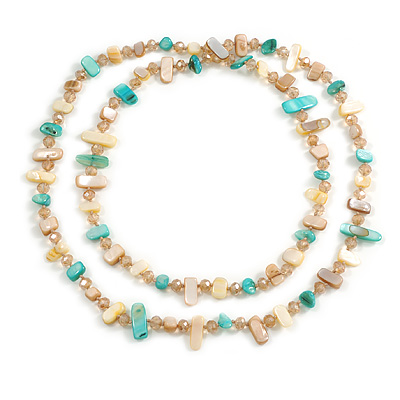 Pale Yellow/Turquoise/Light Beige Shell Nugget and Citrine Glass Bead Long Necklace - 110cm Long - main view