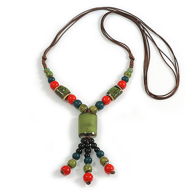 Green/Red/Black/Teal Ceramic Bead Tassel Brown Cord Necklace/68cm L/Adjustable/Slight Variation In Colour/Natural Irregularities