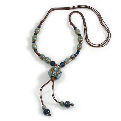 Dusty Blue/Teal Ceramic Bead Tassel Necklace with Brown Cotton Cord/Adjustable/Slight Variation In Colour/Natural Irregularities/60cm Long