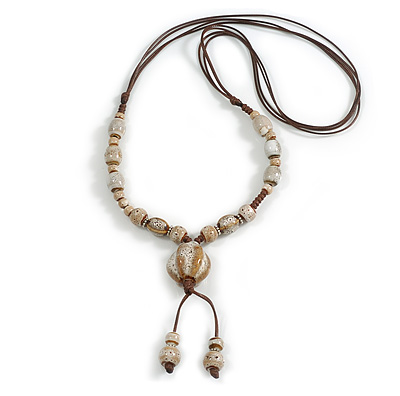 Antique White Ceramic Bead Tassel Necklace with Brown Cotton Cord/Adjustable/Slight Variation In Colour/Natural Irregularities/60cm L/10cm Tasse