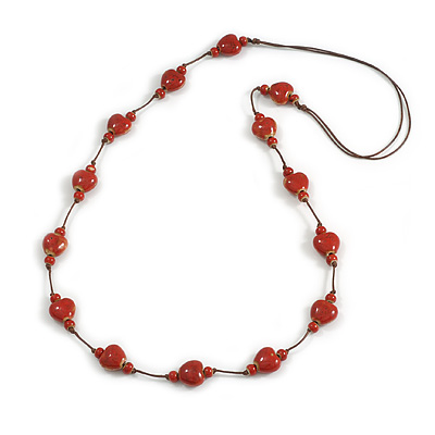 Dusty Red Ceramic Heart Bead Brown Silk Cord Long Necklace/90cm L/Adjustable/Slight Variation In Colour/Natural Irregularities