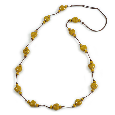 Dusty Yellow Ceramic Heart Bead Brown Silk Cord Long Necklace/90cm L/Adjustable/Slight Variation In Colour/Natural Irregularities