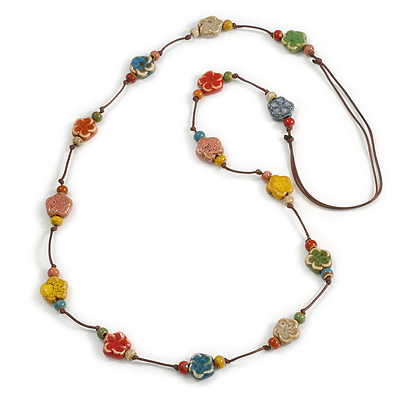 Multicoloured Ceramic Flower and Round Shape Bead Brown Silk Cord Necklace/90cm Min Length/Slight Variation In Colour/Natural Irregularities