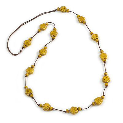 Dusty Yellow Ceramic Flower and Round Shape Bead Brown Silk Cord Necklace/90cm Min Length/Slight Variation In Colour/Natural Irregularities