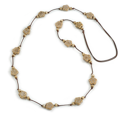 Antique White Ceramic Flower and Round Shape Bead Brown Silk Cord Necklace/90cm Min Length/Slight Variation In Colour/Natural Irregularities
