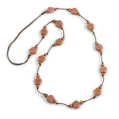 Dusty Pink Ceramic Flower and Round Shape Bead Brown Silk Cord Necklace/90cm Min Length/Slight Variation In Colour/Natural Irregularities