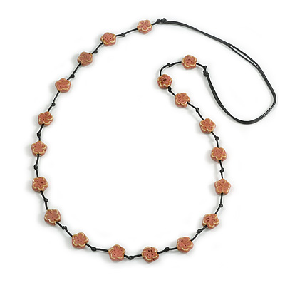 Dusty Pink Ceramic Flower Bead Black Silk Cord Long Necklace - 95cm Long