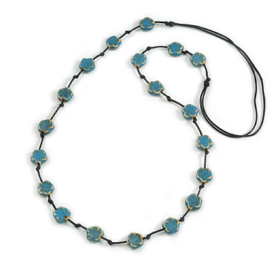 Dusty Blue Ceramic Flower Bead Black Silk Cord Long Necklace - 95cm Long