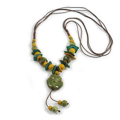 Ceramic/Acrylic Beaded with Flower Tassel Brown Silk Cord Necklace in Yellow/military Green/Teal/ 66cm L/Slight Variation In Colour/Natural Irregulari