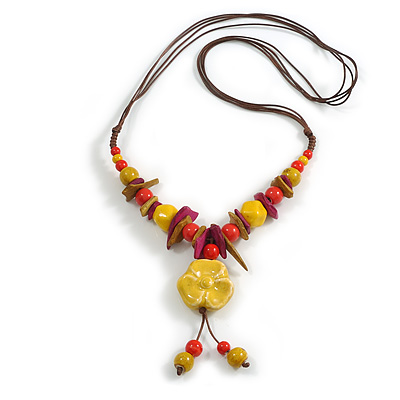Ceramic/Acrylic Beaded with Flower Tassel Brown Silk Cord Necklace in Yellow/Red/Magenta/ 66cm L/Slight Variation In Colour/Natural Irregularities