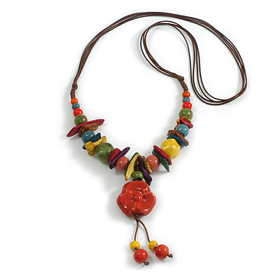 Multicoloured Ceramic/Acrylic Beaded with Flower Tassel Brown Silk Cord Necklace/ 66cm L/Slight Variation In Colour/Natural Irregularities - main view