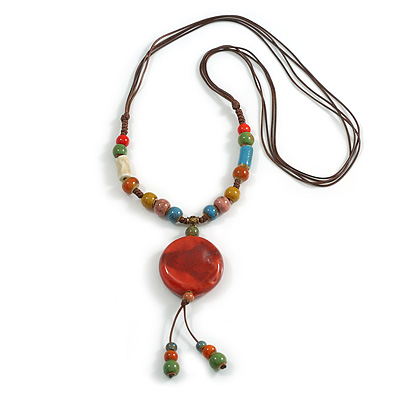 Multicoloured Ceramic Bead Tassel Necklace with Brown Cotton Cord/66cm L/13cm Tassel/Natural Irregularities/Slight Variation In Colour