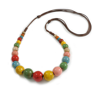 Multicoloured Graduated Ceramic Bead Brown Silk Cords Necklace/58cm to 70cm L/Slight Variation In Colour/Natural Irregularities