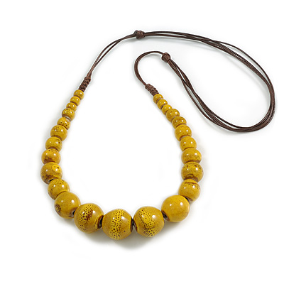 Dusty Yellow Graduated Ceramic Bead Brown Silk Cords Necklace/58cm to 70cm L/Slight Variation In Colour/Natural Irregularities