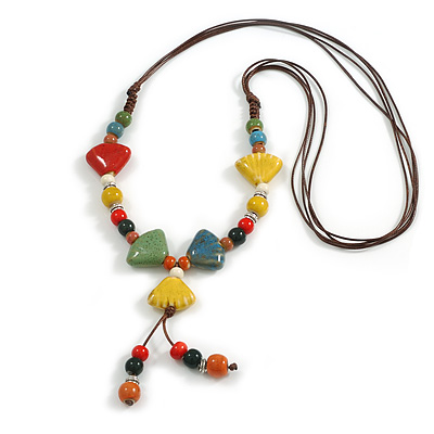 Multicoloured Ceramic Bead with Leaf Shape Tassel Brown Silk Cord Necklace/ 66cm L/Slight Variation In Colour/Natural Irregularities