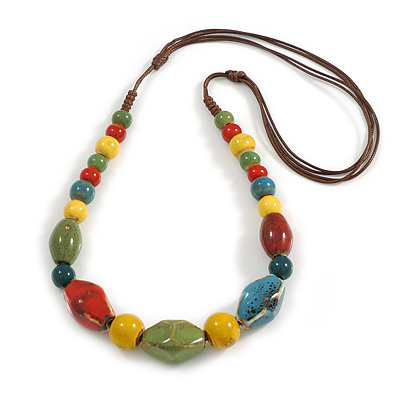 Multicoloured Graduated Ceramic Bead Brown Silk Cords Necklace/50cm to 60cm L/Slight Variation In Colour/Natural Irregularities