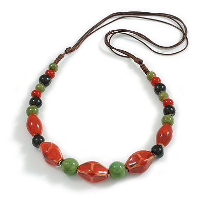 Green/Red/Black Graduated Ceramic Bead Brown Silk Cords Necklace/50cm to 60cm L/Slight Variation In Colour/Natural Irregularities