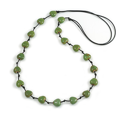 Apple Green Ceramic Heart Bead Black Cotton Cord Long Necklace/88cm L/Adjustable/Slight Variation In Colour/Natural Irregularities