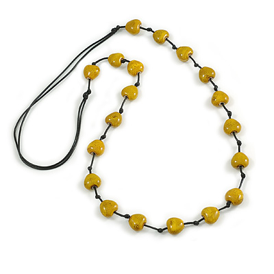Dusty Yellow Ceramic Heart Bead Black Cotton Cord Long Necklace/88cm L/Adjustable/Slight Variation In Colour/Natural Irregularities