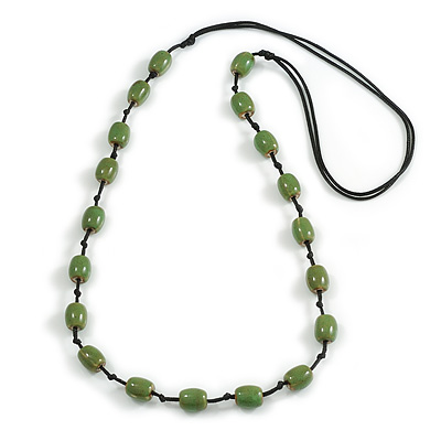 Dusty Green Oval Ceramic Bead Black Cotton Cord Long Necklace/88cm L/ Adjustable/Slight Variation In Colour/Natural Irregularities