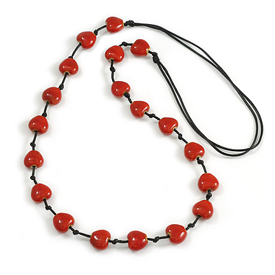 Dusty Red Ceramic Heart Bead Black Cotton Cord Long Necklace/88cm L/Adjustable/Slight Variation In Colour/Natural Irregularities