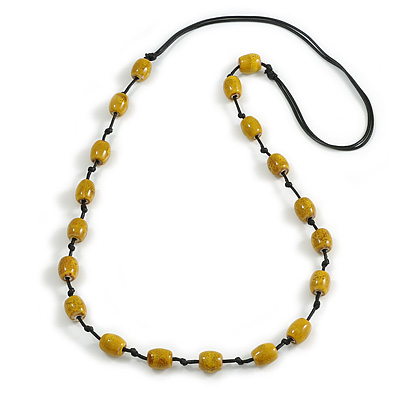 Dusty Yellow Oval Ceramic Bead Black Cotton Cord Long Necklace/88cm L/ Adjustable/Slight Variation In Colour/Natural Irregularities