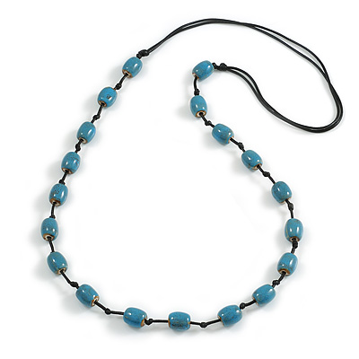 Dusty Blue Oval Ceramic Bead Black Cotton Cord Long Necklace/88cm L/ Adjustable/Slight Variation In Colour/Natural Irregularities
