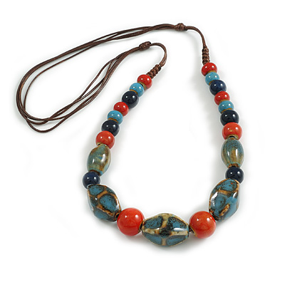 Dusty Blue/Red/Dark Blue Graduated Ceramic Bead Brown Silk Cords Necklace/50cm to 60cm L/Slight Variation In Colour/Natural Irregularities