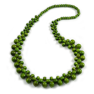 Long Lime Green Cluster Wood Beaded Necklace - 82cm Long