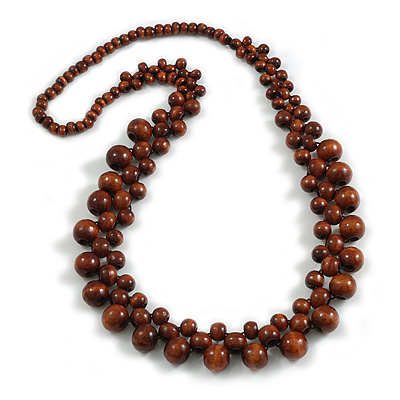 Long Brown Cluster Wood Beaded Necklace - 82cm Long