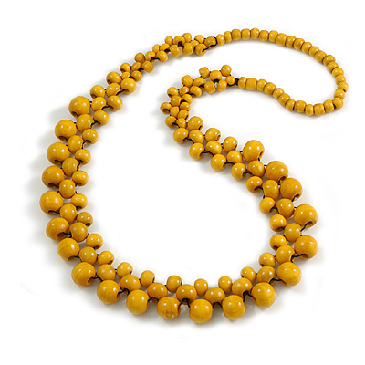 Long Dusty Yellow Cluster Wood Beaded Necklace - 82cm Long