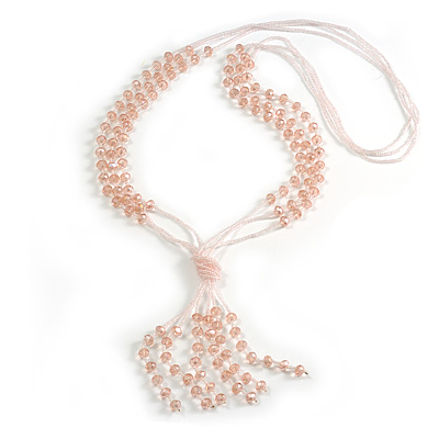 3 Strand Light Pink Crystal Bead Long Necklace with Tassel/90cm L/14cm Tassel