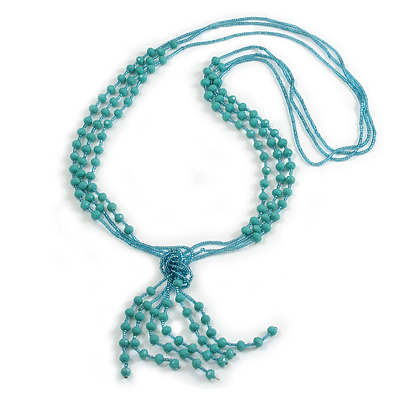 3 Strand Turquoise/Light Blue Crystal Bead Long Necklace with Tassel/90cm L/14cm Tassel
