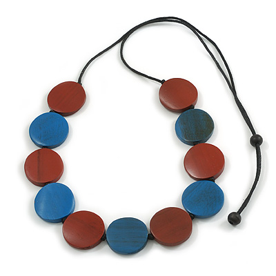 Maroon/ Blue Wood Button Bead Necklace with Black Cotton Cord - Adjustable - 90cm L