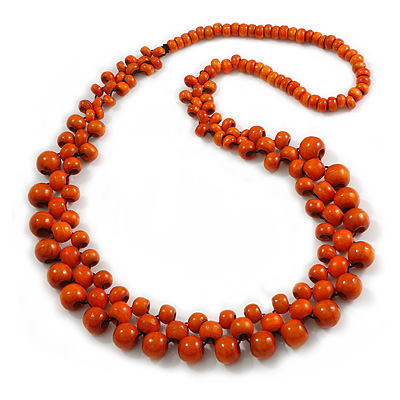 Long Orange Cluster Wood Beaded Necklace - 82cm Long