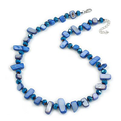 Sea Shell and Glass Bead Necklace in Blue Shades - 47cm L/ 4cm Ext - main view