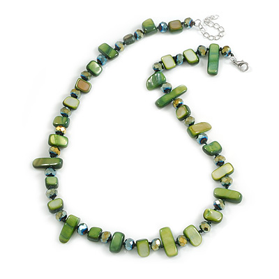 Sea Shell and Glass Bead Necklace in Green Shades - 47cm L/ 4cm Ext - main view