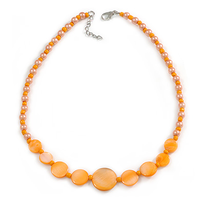 Pumpkin Orange Shell and Peach Faux Pearl Bead Necklace/Slight Variation In Colour/Natural Irregularities/42cm L/ 3cm Ext