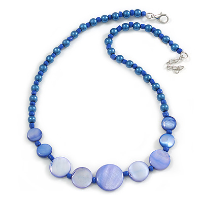 Violet Blue Shell and Navy Blue Faux Pearl Bead Necklace/Slight Variation In Colour/Natural Irregularities/42cm L/ 3cm Ext