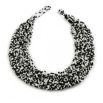 Wide Chunky Black/White Glass Bead Plaited Necklace - 50cm L/ 3cm Ext