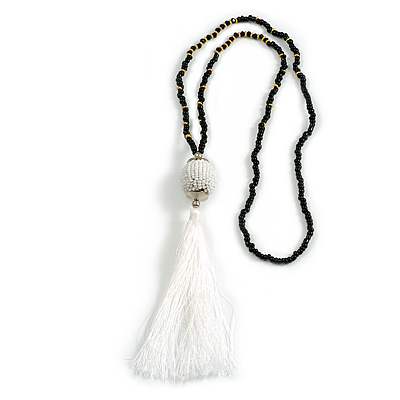 White/Black Glass Bead White Cotton Tassel Necklace- 72cm Long/ 14cm Tassel