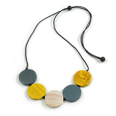 Yellow/Grey/White Coin Shape Wood Bead Black Cotton Cord Necklace/Adjustable/88cm Max L