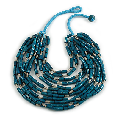 Statement Multistrand Wood Bead Light Blue Cotton Cord Bib Style Necklace In Malachite Green - 64cm Long